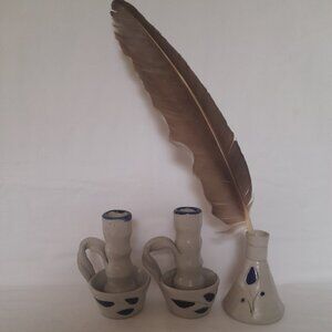 Williamsburg Salt Glazed Taper Holders and Inkwell (with feather)